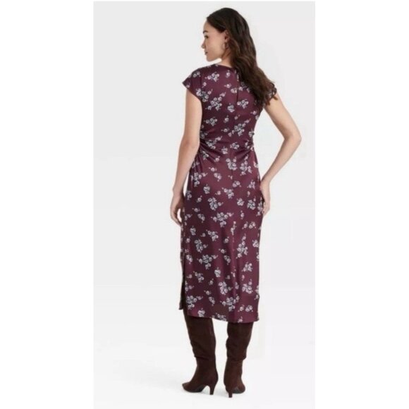 A New Day Satin Short Sleeve Ruched Midi Shift Dress Burgundy Floral Small - Picture 2 of 6